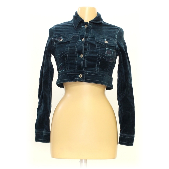 Corduroy Crop Jean Jacket Green Medium - Picture 1 of 4